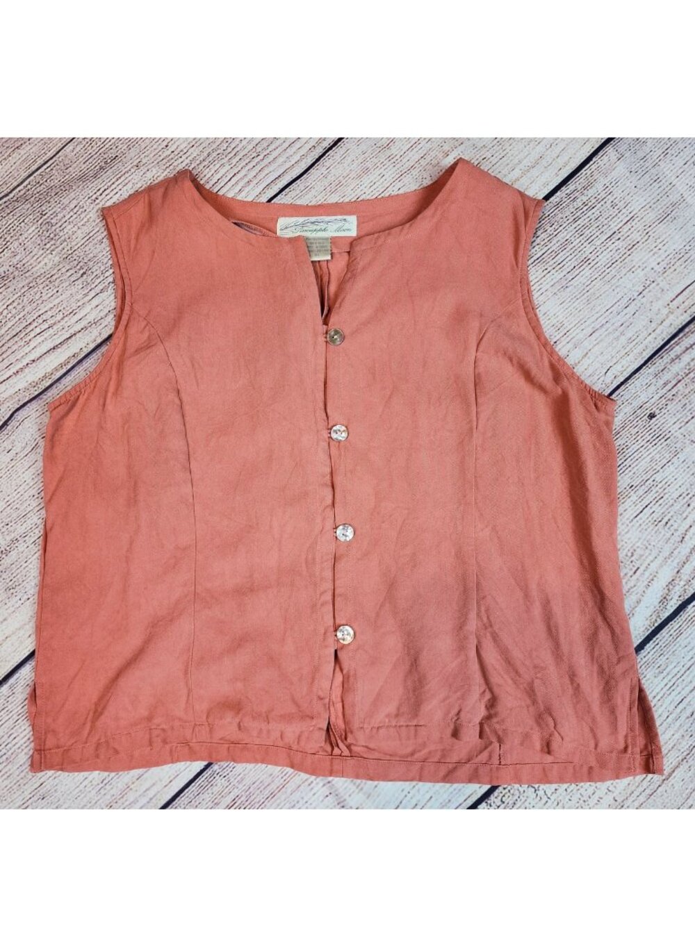 Pineapple Moon 100% Silk Coastal Vacation Peachy Pink Sleeveless Blouse XL 90's